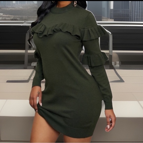 Hunter Green Knitted Lovely Crew Neck Flounce Design Mini Sweater Dress - Picture 2 of 5